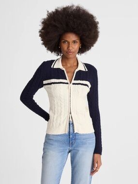 Madewell Colorblock Cable Knit Zip Cardigan Navy Cream Stripe Sweater Jacket NWT